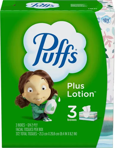 Puffs Plus Loción Facial pañuelos, 3 cajas familiares, 124 pañuelos por caja
