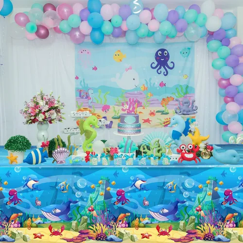 Miniatura 7 de Tiamon Paquete de 3 manteles para fiesta marina, animales del océano, mantel de mesa de criaturas submarinas y vida marina para niños, decoración