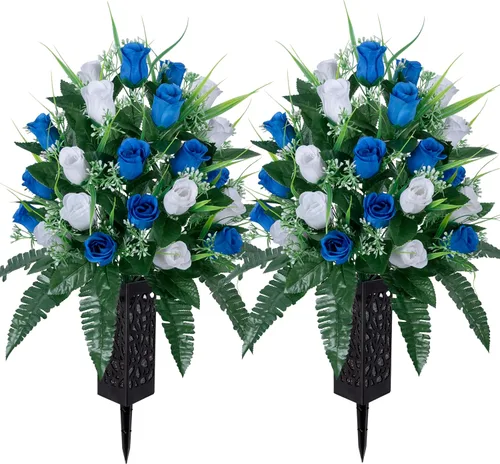 Miniatura 12 de LVXINLI 2 juegos de flores artificiales para cementerios, decoraciones de tumba al aire libre con rosas, hermosos arreglos florales con jarrón