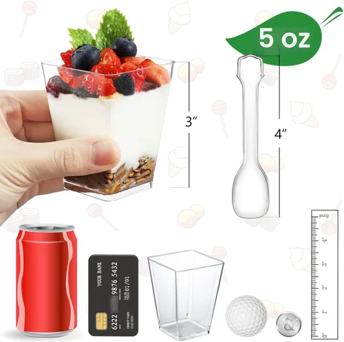 Miniatura 2 de Eupako Paquete de 100 vasos cuadrados de plástico transparente de 5 onzas con cucharas, vasos pequeños de plástico transparente ideal para postres