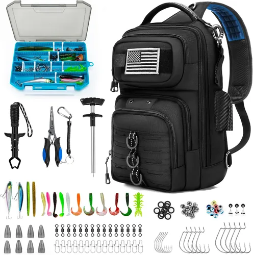 Miniatura 7 de Bolsa de pesca con soporte de caña de pescar, calcomanías fijas, sistema MOLLE, cebo suave y almacenamiento de equipos, regalo para hombres, negro