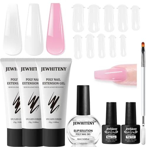 JEWHITENY Set de uñas de gel de extensión de poligel transparente, blanco y rosa con capa base y capa superior para arte en dedos y manicura