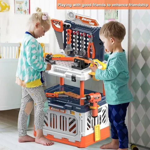 Miniatura 6 de Banco de herramientas para niños, banco de trabajo de juguete con caja de almacenamiento, juego de herramientas para niños 4 en 1 con taladro