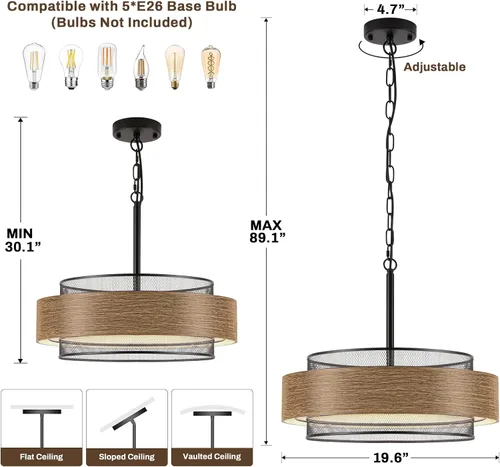 Miniatura 5 de Candelabros de granja de 19.7 pulgadas para comedor, candelabro rústico grande redondo negro de 5 luces con textura de metal y madera, iluminación