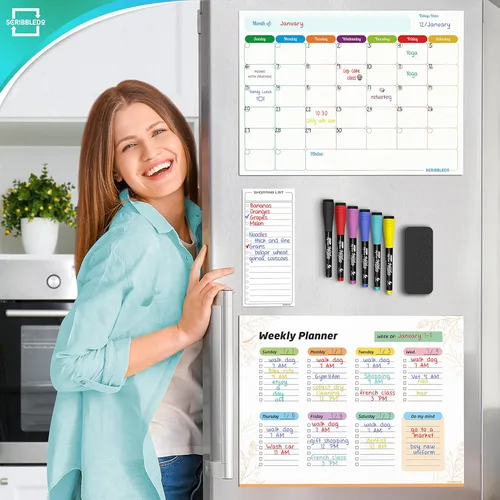 Miniatura 4 de Agenda mensual (paquete de 3) pizarra blanca magnética para refrigerador, calendario semanal de borrado en seco, calendario magnético