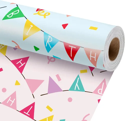 BIOBROWN Rollo de papel de regalo reversible de cumpleaños, 17 pulgadas x 16 pies, pancarta de cumpleaños, diseño de bandera y confeti, papel de