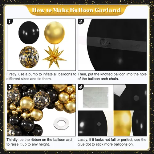 Miniatura 5 de Kit de Arco de Guirnalda de Globos Negros y Dorados, 140 Piezas de Globos de Confeti Negros y Dorados con Estrellas para Cumpleaños, Graduación, Año