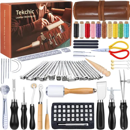 Herramientas de trabajo de cuero Kit de manualidades para tallar, estampado, costura, punzonado, corte con bolsa de almacenamiento, kit profesional