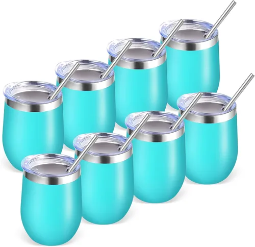 Miniatura 38 de Volhoply - Juego de 12 vasos de vino de 12 onzas con tapa, hechos de acero inoxidable con aislamiento al vacío de doble pared, vasos de vino sin Rosa