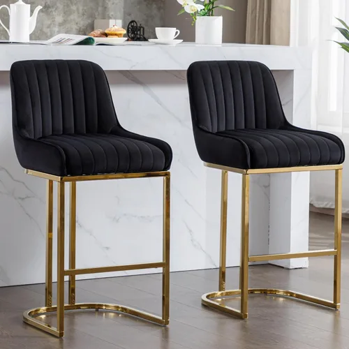 Miniatura 11 de Shunzhi Juego de 2 taburetes de bar de terciopelo beige de 26 pulgadas, modernos taburetes de mostrador con respaldo/patas doradas, sillas de bar