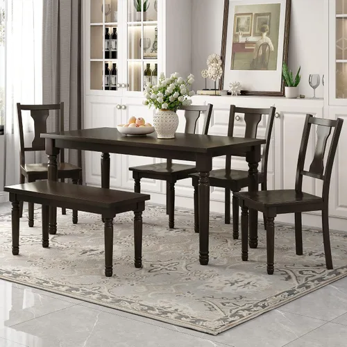 Miniatura 21 de KLMM Elegante y clásico juego de mesa de comedor de madera de 6 piezas con 4 sillas y otomana, adecuado para cocina y comedor