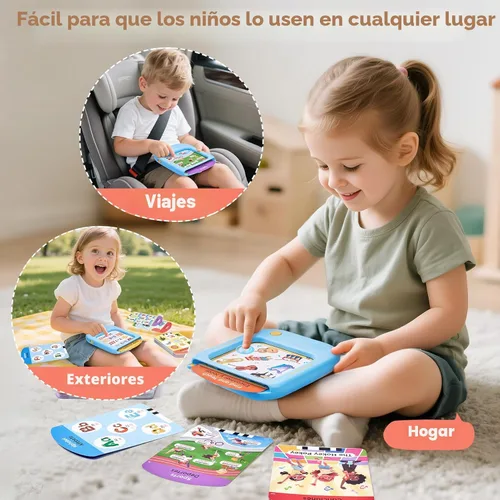Miniatura 8 de JoyCat Tableta de aprendizaje bilingüe para niños, 106 páginas en español e inglés con 20 juegos interactivos, juguete Montessori para alfabeto