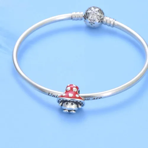 Miniatura 5 de Abalorio de plata esterlina S925 con forma de hongo para pulseras, tecnología esmaltada, colgante de pimienta roja, compatible con pulseras