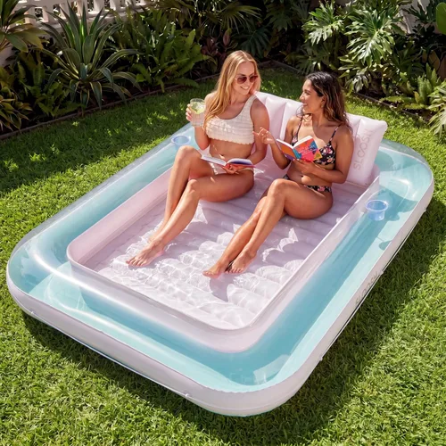 Miniatura 18 de SLOOSH Flotador inflable, camastro para adultos, con almohada, 178 x 117 cm, 4 en 1: balsa-tina bronceadora, camastro para tomar el sol, fiestas Azul