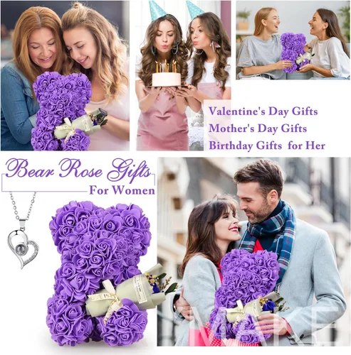 Miniatura 5 de Regalos para madre, regalo de oso de rosas para mujeres, regalos de cumpleaños para novia, esposa, oso de flores con collar "I Love You" en 100