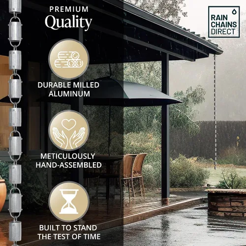 Miniatura 4 de Rain Chains Direct - Cadena de lluvia de barril - 8.5 pies - Aluminio fresado duradero - Cadenas de lluvia premium para canaletas Barril gris 8.5