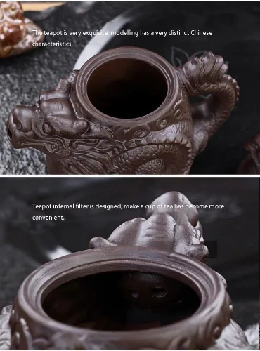 Miniatura 2 de Auténtica tetera Yixing Dragón y Fénix Tetera de gran capacidad Juego de té de arcilla morada, tetera Kung Fu (negro)