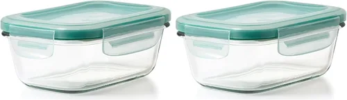 OXO Recipiente de vidrio para almacenamiento de alimentos, rectangular, 1.6 tazas, sello inteligente, a prueba de fugas, paquete de 2