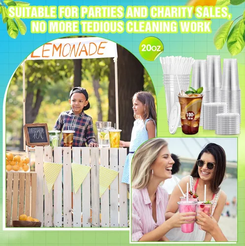 Miniatura 5 de Eaasty Juego de 50 vasos de plástico transparente de 20 onzas con cuchara, pajitas y tapas planas, desechables, para café helado, postre, yogur