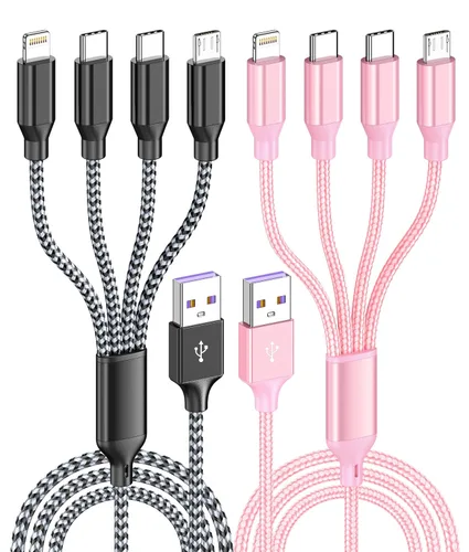 Miniatura 7 de Cable de carga múltiple de 4 pies, paquete de 2 cables de carga Doub Tyep-C 4 en 1, de nailon trenzado, cargador Lightning para iPhone, cable