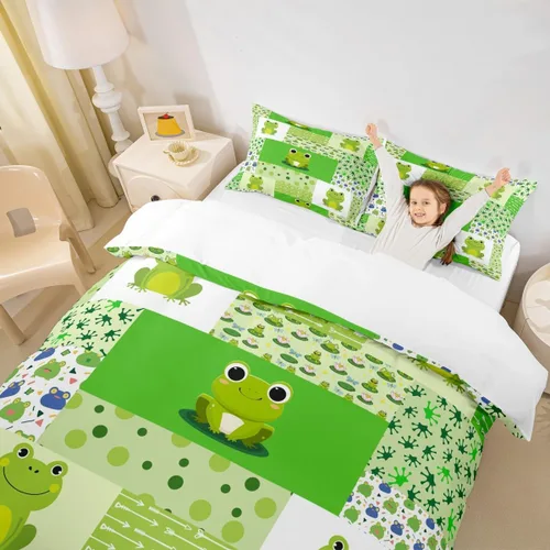 Miniatura 5 de Juego de ropa de cama de rana verde, funda de edredón de anfibios tropicales para niños, niñas, adolescentes, funda de edredón geométrica