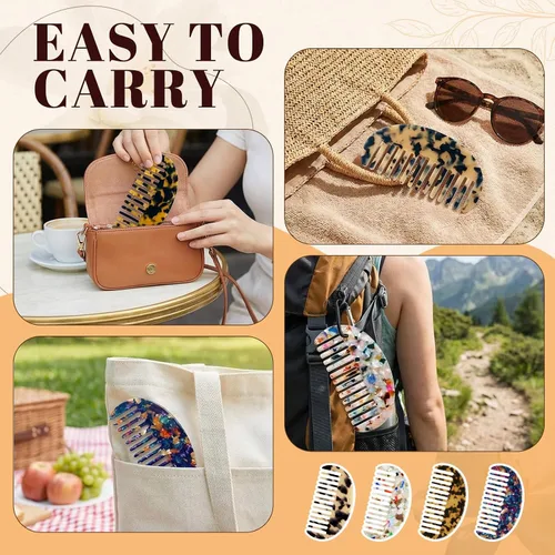 Miniatura 5 de Patelai 4 peines de dientes anchos para mujer, bolso desenredante pequeño de celulosa, peine de bolsillo de viaje, mini tortuga, leopardo, regalos