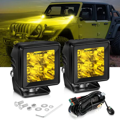 Auxbeam Luz LED en cápsula, luces antiniebla ámbar de 2 pulgadas, cápsulas de luz cúbica todoterreno, focos enfocados, 4800LM, luz auxiliar de
