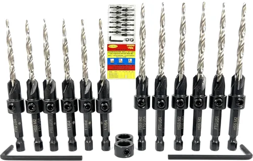 Miniatura 11 de FTG USA Juego de 12 brocas avellanadoras #8 (11/64 pulgadas) con collar de tope de profundidad, llave hexagonal, brocas cónicas para madera