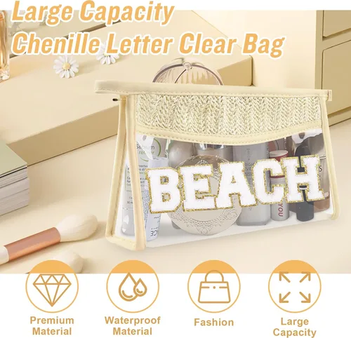 Miniatura 7 de Iqimott 2 bolsas de maquillaje con parches transparentes, bolsa de letras boho para nadar en la playa, bolsas de maquillaje impermeables