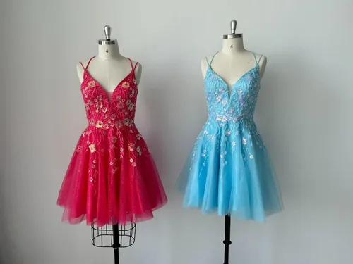 Miniatura 3 de Vestidos de tul con apliques de encaje, vestido corto de lentejuelas brillantes, tirantes delgados, cuello en V, vestidos de cóctel