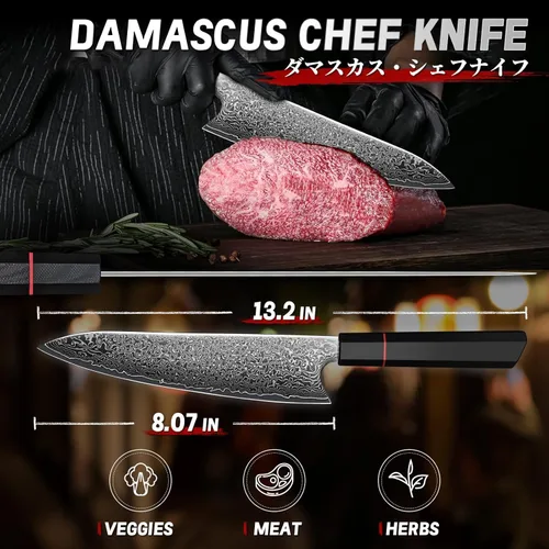 Miniatura 8 de Cuchillo de chef de damasco TIVOLI de 8 pulgadas, cuchillo de cocina japonés forjado a mano de alto carbono con mango octagonal, cuchillo de cocina