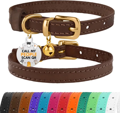 Miniatura 43 de BRONZEDOG Collar de cuero para gato con campanas extraíbles sin liberación rápida, etiqueta QR para gatito para niña y niño