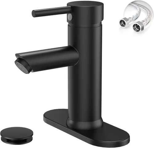 Grifo mando de una sola pieza para fregadero de baño con desagüe desplegable sin desbordamiento Negro