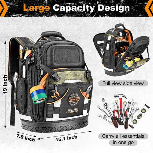 Miniatura 3 de Mochila de herramientas, mochila de herramientas de construcción resistente HVAC para hombres, organizador de herramientas duradero de nivel
