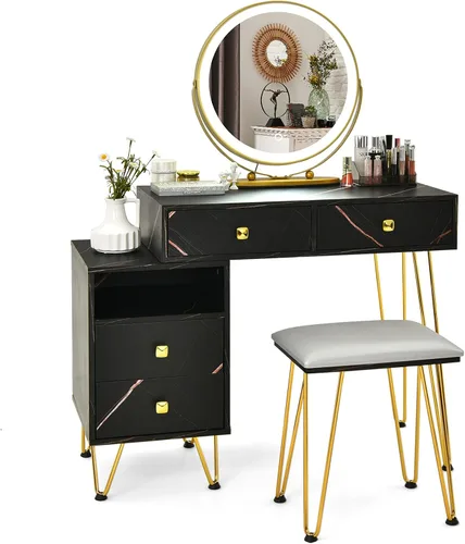 Miniatura 2 de CHARMAID Escritorio de tocador con armario lateral reversible, mesa de tocador de maquillaje con espejo iluminado, 3 luces de color, 4 cajones