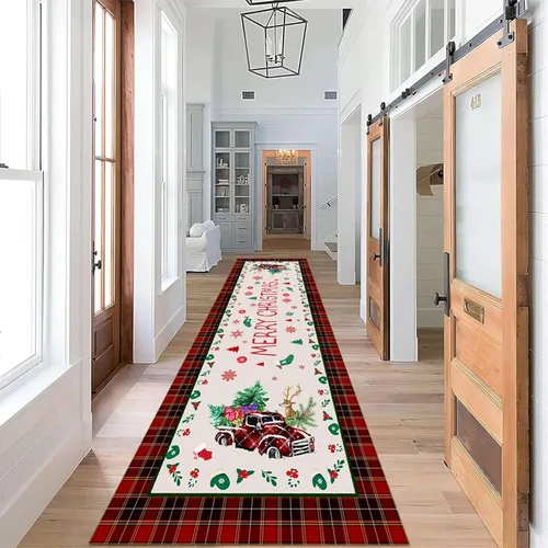 Miniatura 6 de Alfombra de pasillo de Navidad, 1.3 x 7 pies, alfombra de pasillo de renos con copos de nieve, color blanco, alfombra de pasillo estilo bohemio rojo