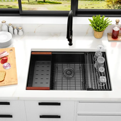 Miniatura 3 de LQS Fregadero de Cocina Empotrado Negro, Fregadero de Estación de Trabajo de Cocina Empotrado de 32 Pulgadas con Línea de Drenaje en Forma de X