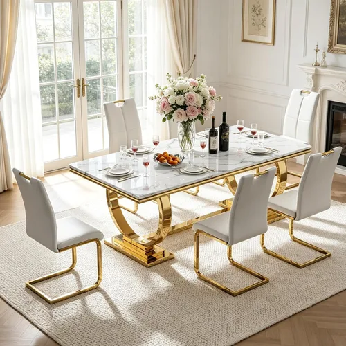 Miniatura 44 de Juego de mesa de comedor de mármol para 4, mesa de cocina rectangular de mármol blanco de 70 pulgadas con base en O de acero inoxidable dorado