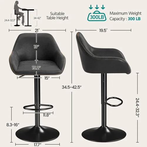 Miniatura 3 de Yaheetech - Juego de 2 taburetes de bar, taburetes de altura de mostrador giratorios de cuero de PU, sillas de bar ajustables con respaldo