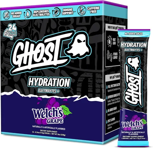 GHOST Welch's Grape - Barras de hidratación, paquetes de polvo de electrolitos, mezcla instantánea de 24 bebidas sin azúcar, hidratación diaria sin