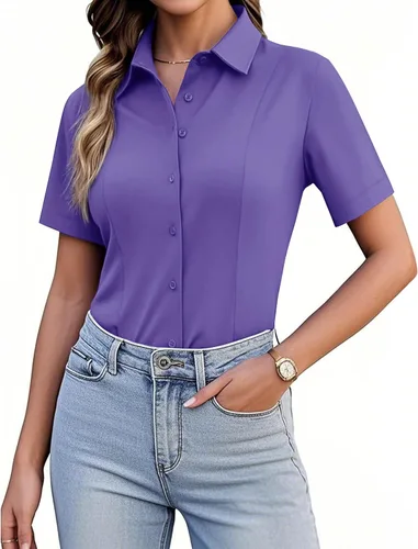 Miniatura 20 de Siliteelon Camisetas de Botón para Mujer, Ajustadas, de Manga Corta, Elásticas, Camisa de Vestir, Sin Arrugas, Sólida, Blusa de Trabajo