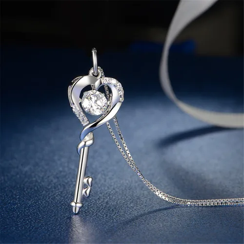 Miniatura 2 de MABELLA Collar con colgante de llave a corazón de plata de ley chapada en oro blanco de 18 quilates, regalo para el día de San Valentín para mujer