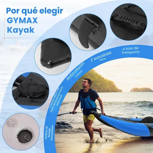 Miniatura 6 de GYMAX Kayak inflable, kayak tándem de 12.5 pies y 507 libras con 2 remos de aluminio, 2 asientos acolchados, reposapiés, 2 aletas, bomba de mano