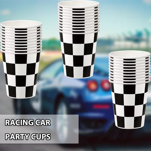 Miniatura 6 de 30 tazas de papel a cuadros para fiestas de coches de carreras en blanco y negro, para fiestas de cumpleaños temáticas de carreras