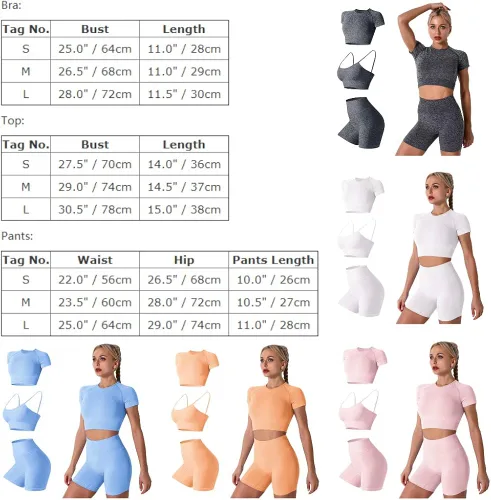 Miniatura 7 de Conjunto de 3 piezas de yoga sin costuras para mujer, camiseta corta de manga corta, brasier deportivo para gimnasio, cintura alta, pantalones
