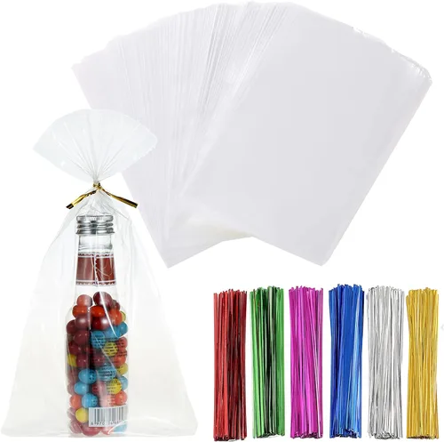 Miniatura 11 de 200 bolsas de celofán planas de celofán de 7 x 12 pulgadas con lazos torcidos de 6 colores, embalaje de galletas, dulces, postres de regalo, bolsas