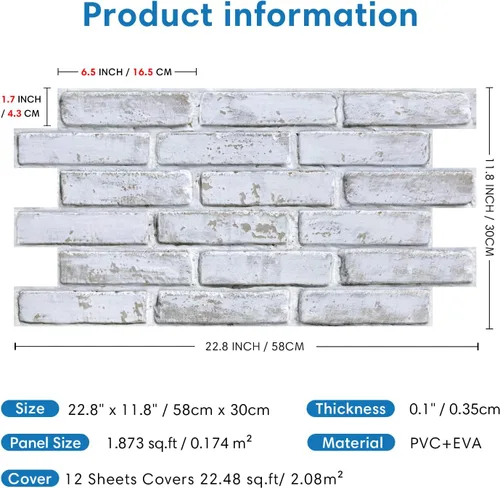 Miniatura 5 de COMSTICKC 3D Whitewash Faux Brick Wall Panel Peel and Stick Wall Covering, 12 Pcs of 22.8" x 11.8", 3D Brick Wall Stickers, UrltraLight PVC Self