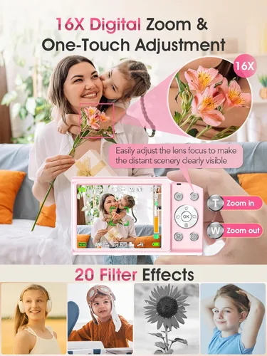Miniatura 4 de Cámara digital, cámara de videoblogs 4K con enfoque automático para fotografía con tarjeta de 32 GB, cámara digital compacta portátil de 48 Rosa