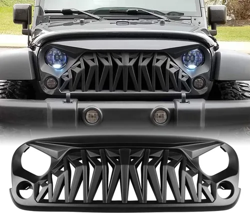 Miniatura 7 de JK Parrilla frontal de tiburón negro brillante compatible con Jeep Wrangler Rubicon Sahara Sport 2007-2018, ABS