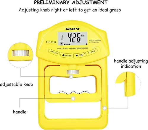 Miniatura 5 de Dinamómetro de mano digital medidor de fuerza de agarre Auto captura electrónica de poder de agarre manual 198 libras / 90 kilogramos Amarillo